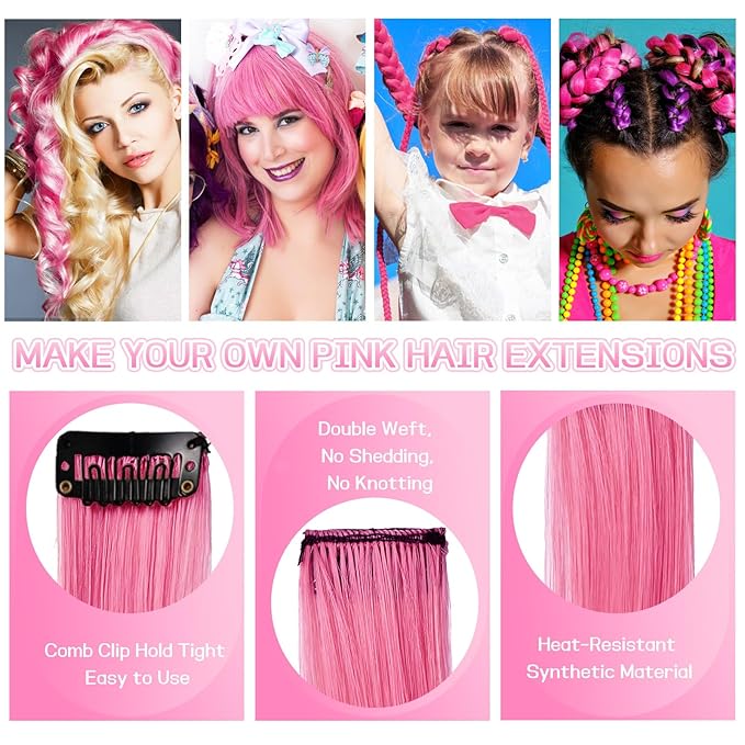 12 PCS Pink Hair Extensions Clip in, 22" Colored Highlights, Synthetic Straight Hair Piece DIY Accessories for Daily Party (PeachRed)