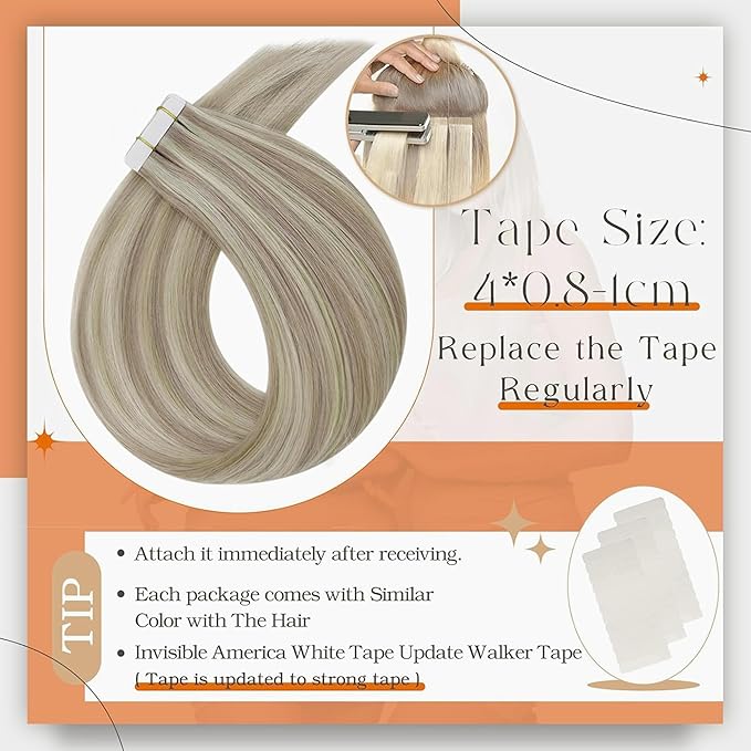 Full Shine Tape in Remy Hair Extension Color 18 Ash Blonde Highlighted 613 Bleach Blonde Hair Extensions Tape ins 14 Inch Double Sided Skin Weft Tape ins Human Hair Extensions 50g Seamless Hair 20Pcs