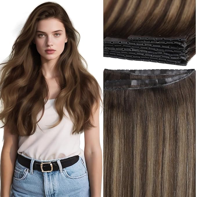 Lacer Double Layered Invisible Weft PU OVO Hair Extensions 18in Twin Tab Butterfly Genius Weft Extensions Chestnut Brown Mixed Dark Brown With Dark Brown Roots Real Human Hair Extensions 31.5" 100G