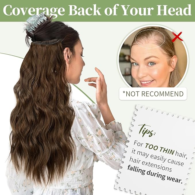 KooKaStyle Invisible Wire Hair Extensions with Transparent Wire Adjustable Size Long Wavy Synthetic Hairpiece Rich Medium Brown 20 Inch with 4 Secure Clips for Women