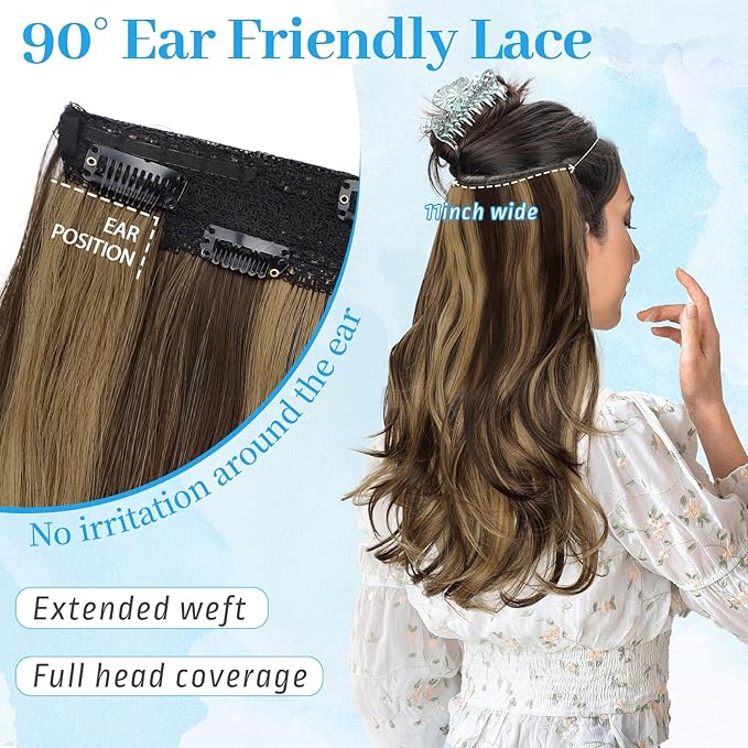 KooKaStyle Invisible Wire Hair Extensions Long Straight Layered Synthetic with Transparent Wire Adjustable Size 6 Secure Clips Hairpieces for Women 16 Inch (Balayage Chocolate Brown to Caramel Blonde)