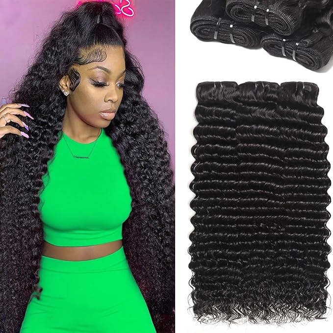 Human Hair Bundles Deep Wave 3 Bundles 12A 100% Unprocessed Virgin Brazilian Remy Human Hair Extensions Natural Black Sew In Quick Weave Deep Wave Bundles for Women (18 18 18)