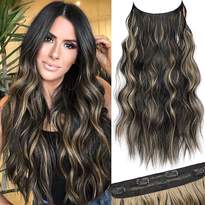 KooKaStyle Invisible Wire Hair Extensions with Transparent Headband Adjustable Size 4 Secure Clips Long Wavy Secret Wire Hairpiece 20 Inch for Women(Black with Blonde Highlights)