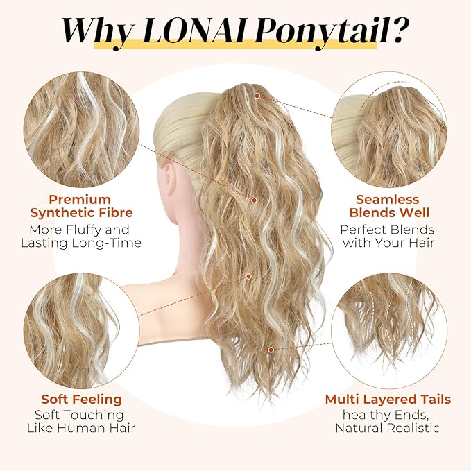 LONAI Ponytail Extension, 18" Wavy Claw Clip Ponytail Extensions Shoulder Length Curly Wavy Claw Clip in Ponytail Hair Extensions Synthetic Fake Pony tails Hairpieces-Golden Blonde White Blonde