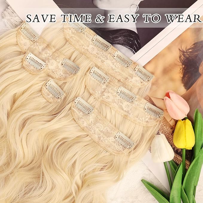 NAYOO Clip in Hair Extensions for Women 20 Inch Long Wavy Curly Light Blonde Hairpieces Full Head Synthetic Hair Hairpieces (6PCS, Light Blonde)