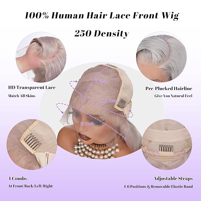 Grey Wig Human Hair 250 Density 26 Inch 13x6 Body Wave Colored Lace Front Wig Human Hair Pre Plucked, 100% Real Human Hair No Synthetic Blend Tangle Free Shedding Free Triple Lifespan 3X