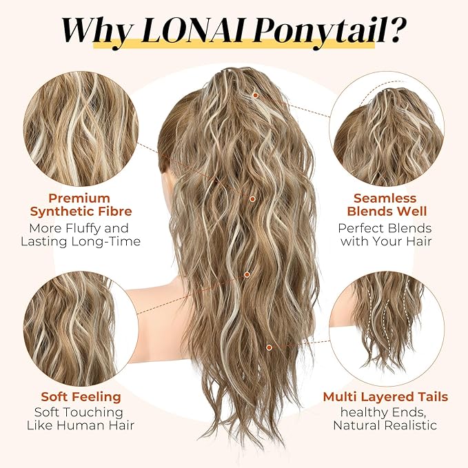 LONAI Ponytail Extension, 18" Wavy Claw Clip Ponytail Extensions Shoulder Length Curly Wavy Claw Clip in Ponytail Hair Extensions Ponytails Hairpieces - Deep Dark Blonde with Blonde Highlights