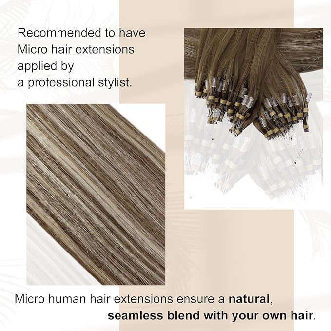 Full Shine Micro Bead Hair Extensions Real Human Hair 22 Inch Straight Natural Remy Hair Balayage Brown and Blonde Micro Link Hair Extensions Human Hair 50 Grams add Length