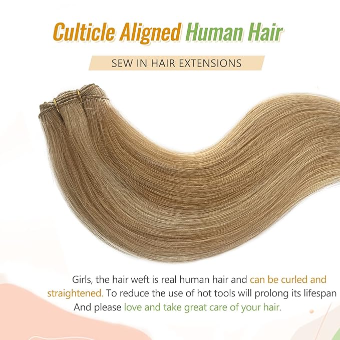 Sew in Hair Extensions Human Hair Highlights Blonde Straight Bundles 120G 24 Inch Hand Tied Hair Extensions Sew in Light Bleach Blonde Highlights Real Human Hair Wefts for Women