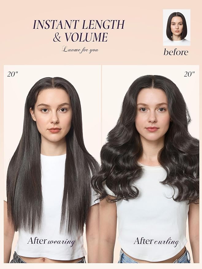 LUVME Handmade Weft Clip in Hair Extensions Human Hair 20 Inch 150g 9pcs Natural Black Straight Full Volume Seamless Blend, Firm Non-Slip Clips