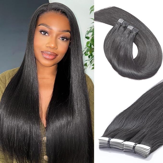 LUVME Invisible Tape in Hair Extensions Human Hair 24 Inch 110g 40pcs Silky Straight Natural Black Double Sided Seamless Extensions