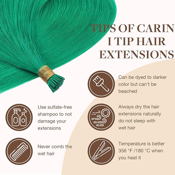 GOO GOO Colored I Tip Hair Extensions, Real Human Hair, 22inch 50g 50S, Cold Fusion I Tip, Invisible Remy, Green