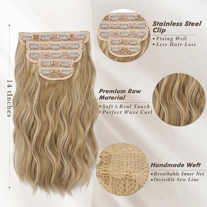 BARSDAR Short Wavy Clip in Hair Extensions - 14 Inch Highlight Hair Extensions Clip ins for Women - 5PCs Thick Soft Synthetic Loose Wave Clip in Hairpieces – Golden Blonde with Highlights