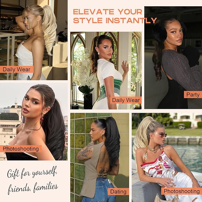 SEIKEA Ponytail Extension, 18" Wavy Claw Clip in Hair Extensions for Women, Lightweight Fluffy Synthetic Ponytail Hairpiece, Natural Soft & Easy to Wear, for Short & Medium Hair Dark Light Blonde