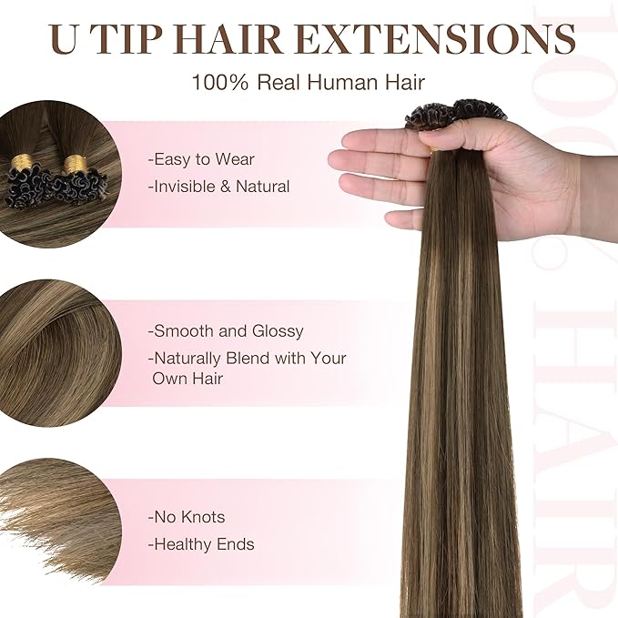 GOO GOO U Tip Hair Extensions Real Human Hair, 18inch 50g 50S, Invisible Remy Hot Fusion U Tip Hair Extensions,4/27/4 Balayage Chocolate Brown to Caramel Blonde