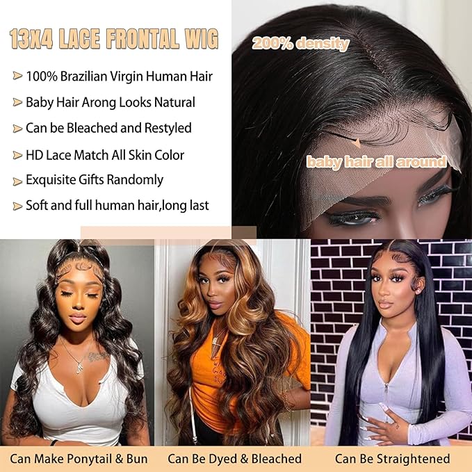 Body Wave Lace Front Wigs Human Hair 200% Density 12A Body Wave Glueless Wigs Human Hair Pre Plucked 13x4 HD Transparent Full Lace Frontal Wigs Human Hair for Black Women 3X Longer Lifespan (32 Inch)