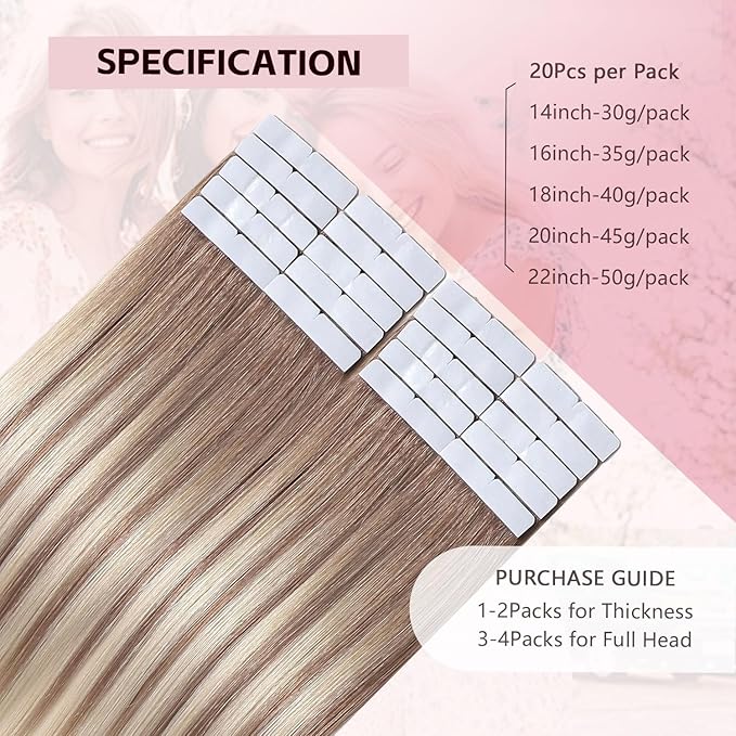 Invisible Tape in Hair Extensions Real Human Hair 3rd-Generation Pro3.0#8/60 Ash Brown to Platinum Blonde 20pcs 50g 22inch Insert Hand-Tied Tape ins Extensions（#8/60-22inch）