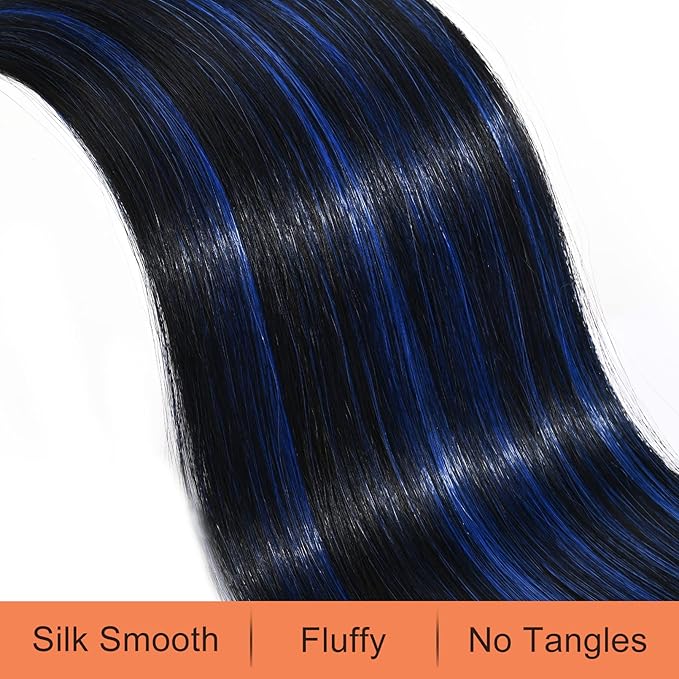 SEIKEA Ponytail Extensions Drawstring Long Straight Fake Pony Tail Natural Soft Clip in Hair Extension Synthetic Heat Resistant Hairpiece 28 Inch Natural Black with Blue Highlights