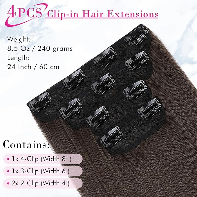 REECHO 28" Straight Long 4 PCS Set Thick Clip in on Hair Extensions -Dark Brown