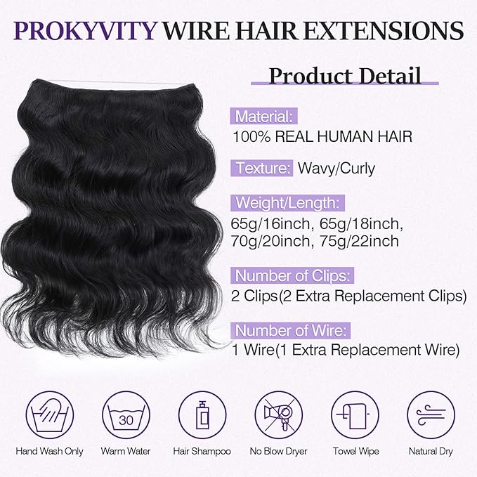 Halo Hair Extensions Real Human Hair,Halo Hair Extension 100% Human Hair,Wire Hair Extensions,Wavy 01 Jet Black 65g/16inch