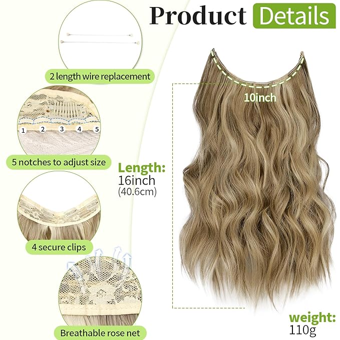 KooKaStyle Invisible Wire Hair Extensions with Transparent Headband Adjustable Size 4 Secure Clips Long Wavy Secret Wire Hairpiece for Women(16 Inch Light Brown mix Golden Blonde)