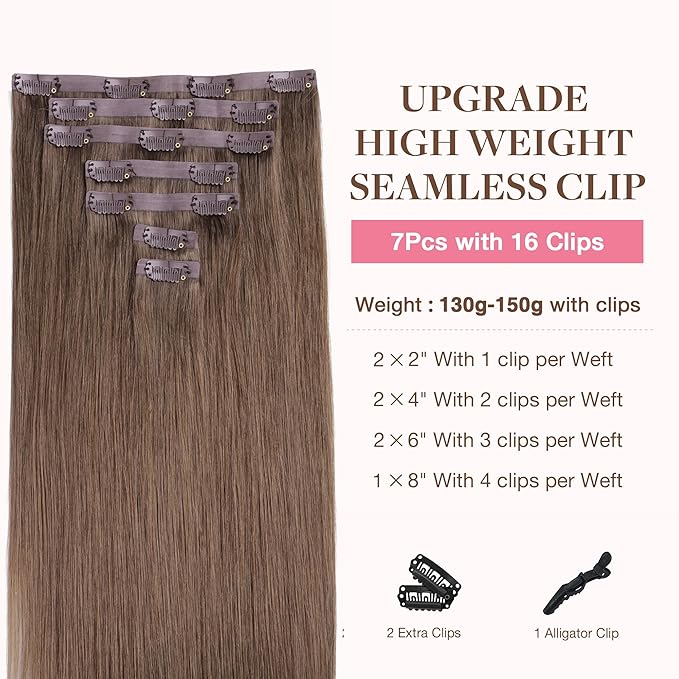 GOO GOO Clip in Hair Extensions Real Human Hair, Remy Human Hair Extensions Clip ins for Women, Natural Human Hair, 16inch 130g 7Pcs, 5 Light Ash Brown