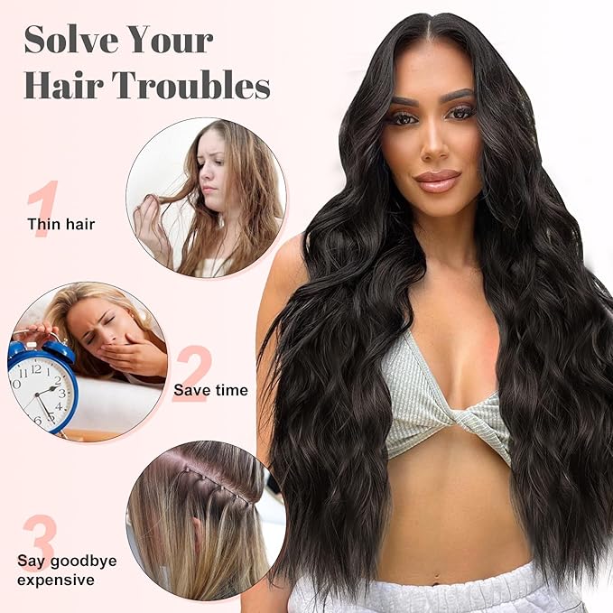 ALXNAN Clip in Long Wavy Synthetic Hair Extension 24 Inch Natural Black 4PCS Thick Hairpieces Fiber Double Weft Hair for Women