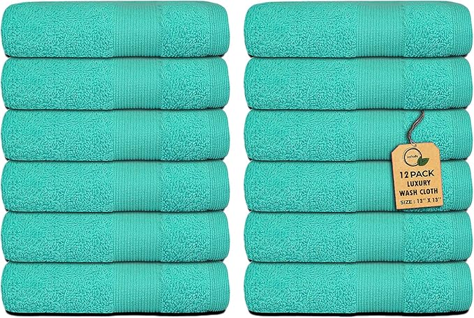 Premium Wash Cloths Pack of 12 (13" x 13") 100% Ring Spun Cotton | Luxury Washcloths | Ultra Soft Face Towels | Highly Absorbent Wash Cloths for face (Turquoise)
