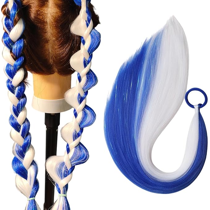 White and Blue Hair Extensions for Braids Ponytail Extension 2 Packs, 20 inch Crazy Hair Day Accessories for Women, DIY Festival Wacky Rave Braids for Women,Tinsel Mixed