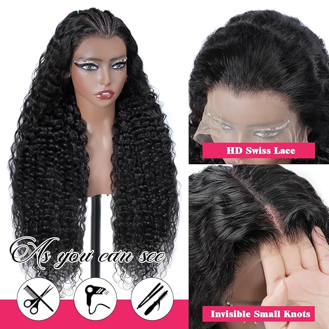 Deep Wave Lace Front Wigs Human Hair 13x6 Hd Lace Front Wig 180% Density For Women Wet And Wavy Wig Pre Plucked With Baby Hair 13x6 Deep Curly Frontal Wig Natural Black Tangle Free 24 Inch