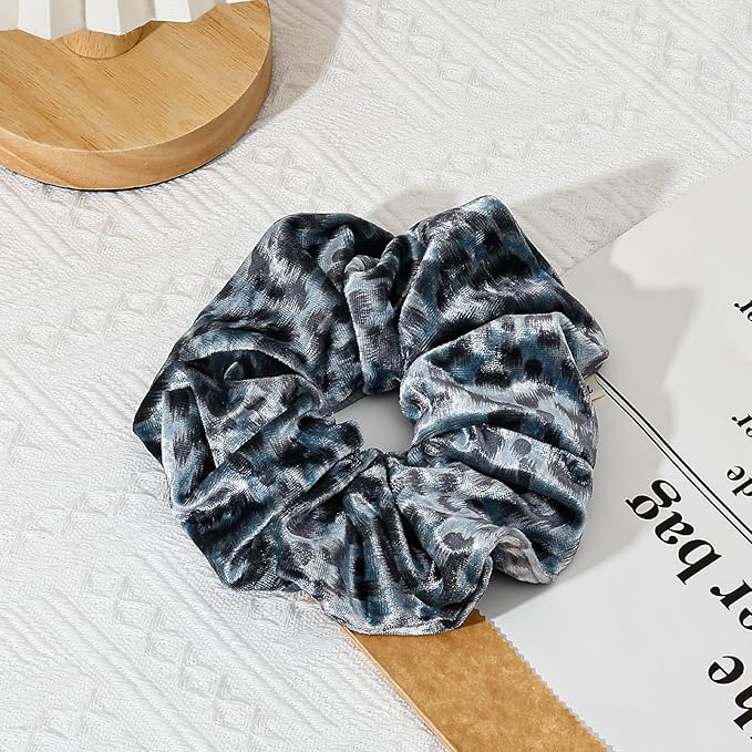 2-Piece Velvet Hair Scrunchies, Non Slip Leopard Print Hair Ties for Daily Styling, Parties & Workouts, No Damage Scrunchy Ponytail Holders Hair Accessories for Women & Girls (Blue & Coffee)