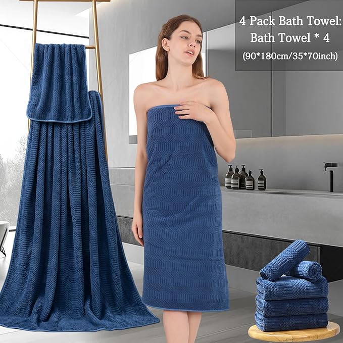 Ycosy 4 Pack Extra Large Microfiber Bath Towels Set,35x70 inches,600GSM,Less Lint Highly Absorbent Super Soft & Quick Dry,Oversized Bath Towels,Perfect for Bathroom Gym Pool,Navy