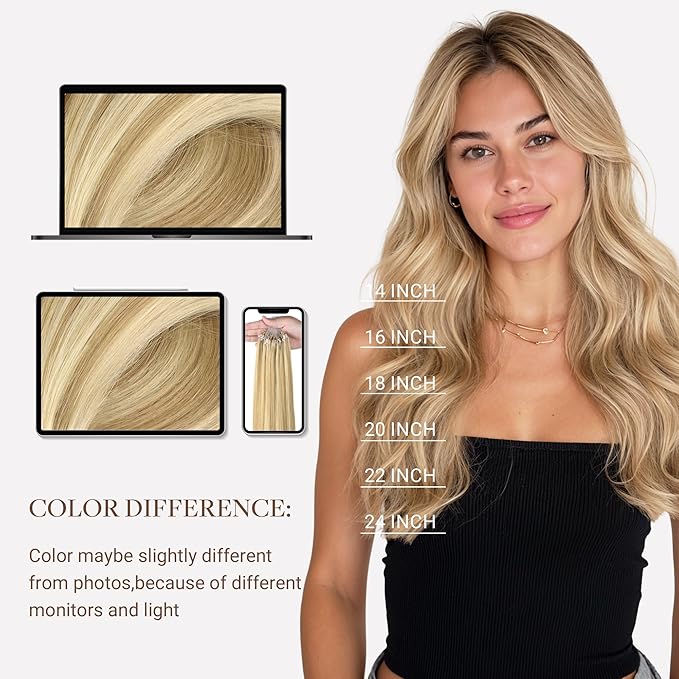 GOO GOO Micro Link Hair Extensions Real Human Hair, Upgraded 100g 100S, 22 Inch Cold Fusion Microlinks, Invisible Remy Hair, 16/22 Light Blonde Highlighted Golden Blonde