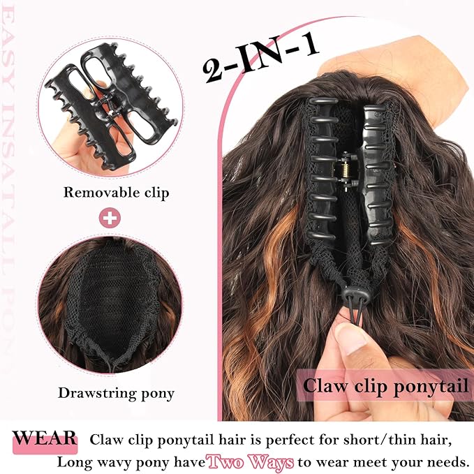 ENBEAUTIFUL 30" Claw Clip Ponytail Extension Long Wavy Ponytail Extension Synthetic Pony Tails Hair Extensions Clip in Hair pieces Fluffy Natural Looking for Women Chocolate Brown with Caramel Blonde