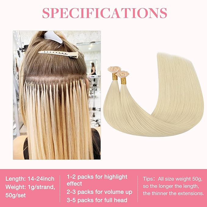 GOO GOO U Tip Hair Extensions, Real Human Hair, 16inch 50g 50S, Hot Fusion, Invisible Remy, 60A Platinum Blonde