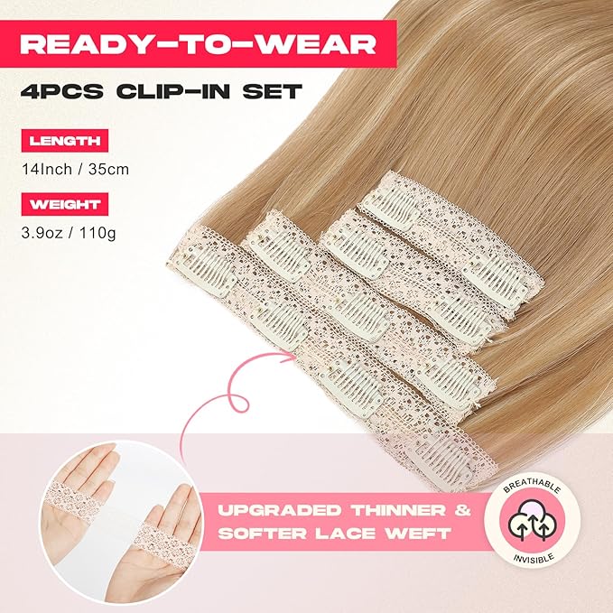 Hair Extensions, 14" Short Clip in Hair Extensions 4PCS Straight Natural Soft Synthetic Hairpiece for Women - Light Brown with Highlights