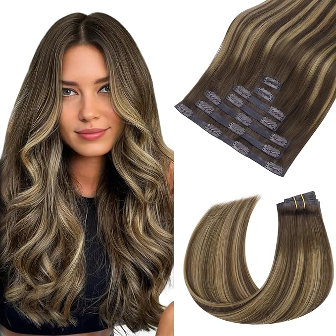 HOTBANANA Seamless Clip in Hair Extensions, 14 Inch 110g 7pcs Balayage Chocolate Brown to Caramel Blonde Invisible PU Skin Weft Straight Remy Human Hair Extensions