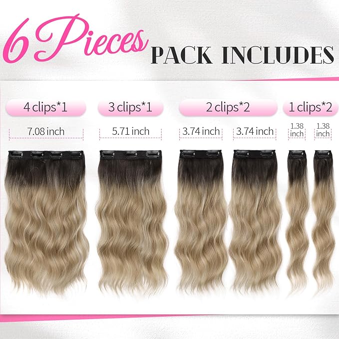 KooKaStyle Short Hair Extensions 6PCS 14 Inch Wavy Curly Hairpieces Synthetic Soft Lace Weft Clip in Hair Extensions-Ombre Brown to Mixed Blonde for Women
