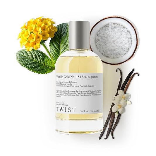 Twist Vanilla Gold No. 151- Inspired by Matieres Premieres Vanilla Powder, Long-Lasting Perfume for Women and Men, Vegan, Clean Ingredients, Coconut Powder & Heliotrope – Spray 100 ml | 3.4 fl. oz.