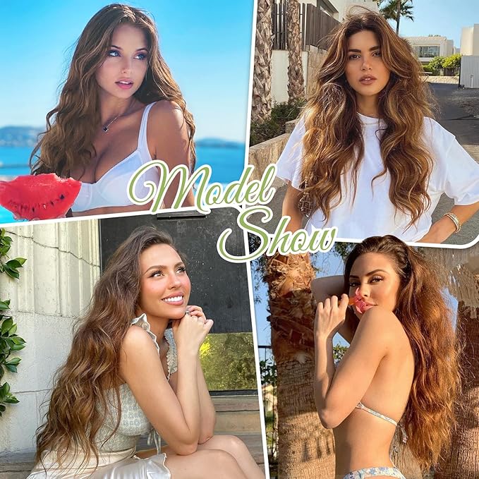 KooKaStyle Invisible Wire Hair Extensions with Transparent Wire Headband Adjustable Size 4 Secure Clips Long Wavy Synthetic Hairpiece 16 Inch COCOA# for Women