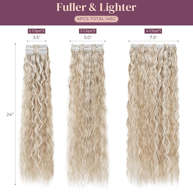 LONAI Clip In Hair Extensions, 6PCS Curly 24" Long Synthetic Clip On Hairpiece For Women-Light Blonde with White Blonde Highlights