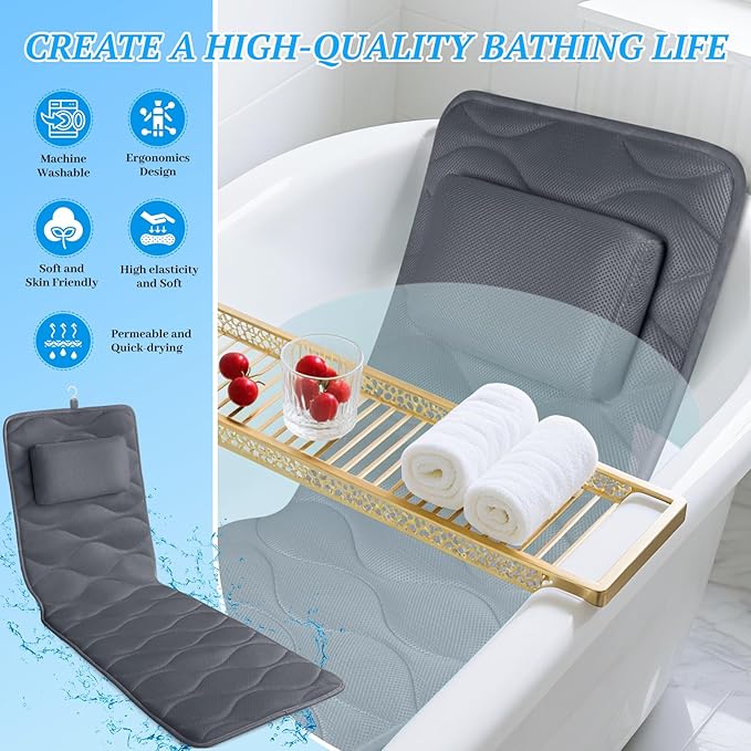 Bath Pillow for Tub with Laundry Bag & 17 Non-Slip Suction Cups, Extra Thick and Soft Bathtub Pillow for Head, Neck & Shoulder Support, 51" x 16" Grey