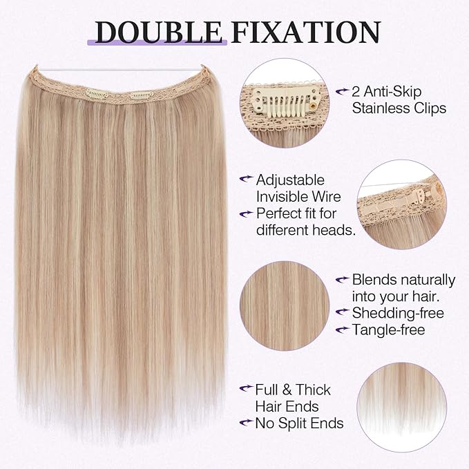Halo Hair Extensions Real Human Hair,Halo Hair Extension 100% Human Hair, Wire Hair Extensions,Straight Champagne Blonde Balayage 18inch/65g