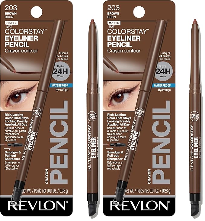 REVLON ColorStay Pencil Waterproof Eyeliner, Smudge-Proof, Eye Makeup with Built-In Sharpener, Packaging May Vary, 203 Brown, 0.01 oz (Pack of 2)