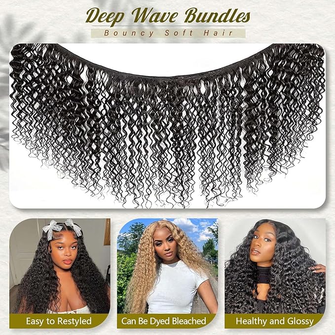 12A Deep Wave Human Hair Bundles 1 Pcs HumanHair 22 Inch Deep Curly Human Hair Bundles 100% Unprocessed Virgin Human Hair Wet and wavy Bundle Natural Black Water Wave