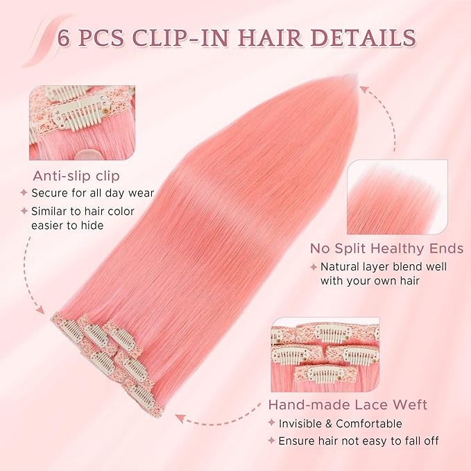 SEGO Single Pink Clip In Hair Extensions Real Human Hair Short 6 Pcs Individual Colored Clip Ins Highlight Remy Balayage Straight Soft Seamless Hairpieces for Women -20 Inch #Pink