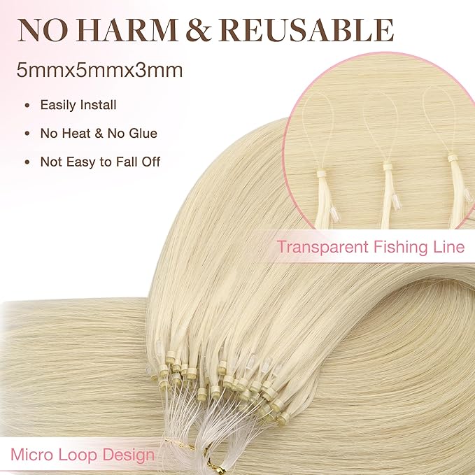 GOO GOO Micro Link Tip Hair Extensions, Real Human Hair, 16inch 50g 50S, Cold Fusion, Invisible Remy, 60A Platinum Blonde
