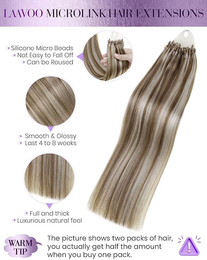 LaaVoo Micro Bead Hair Extensions Real Human Hair Highlight Micro Loop Hair Extensions Light Brown Highlighted with Platinum Blonde 50g 50s 22 Inch