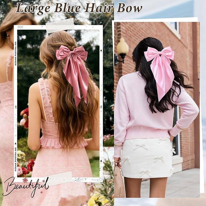 Pink Big Hair Bow for Women - 5Pcs Large Hair Clips for Girls Silky Satin BowsSet, Oversized Long Tail Cute Hair Ribbons Barrettes Aesthetic Hair Accessories Hairbows Gifts