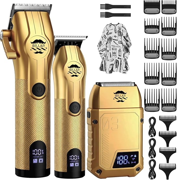 BILLAR Professional Barber Clippers and Trimmer Set - Foil Shaver Professional Hair Clippers for Men, Mens Cordless Hair Clipper for Barbers Haircut Kit（Golden）